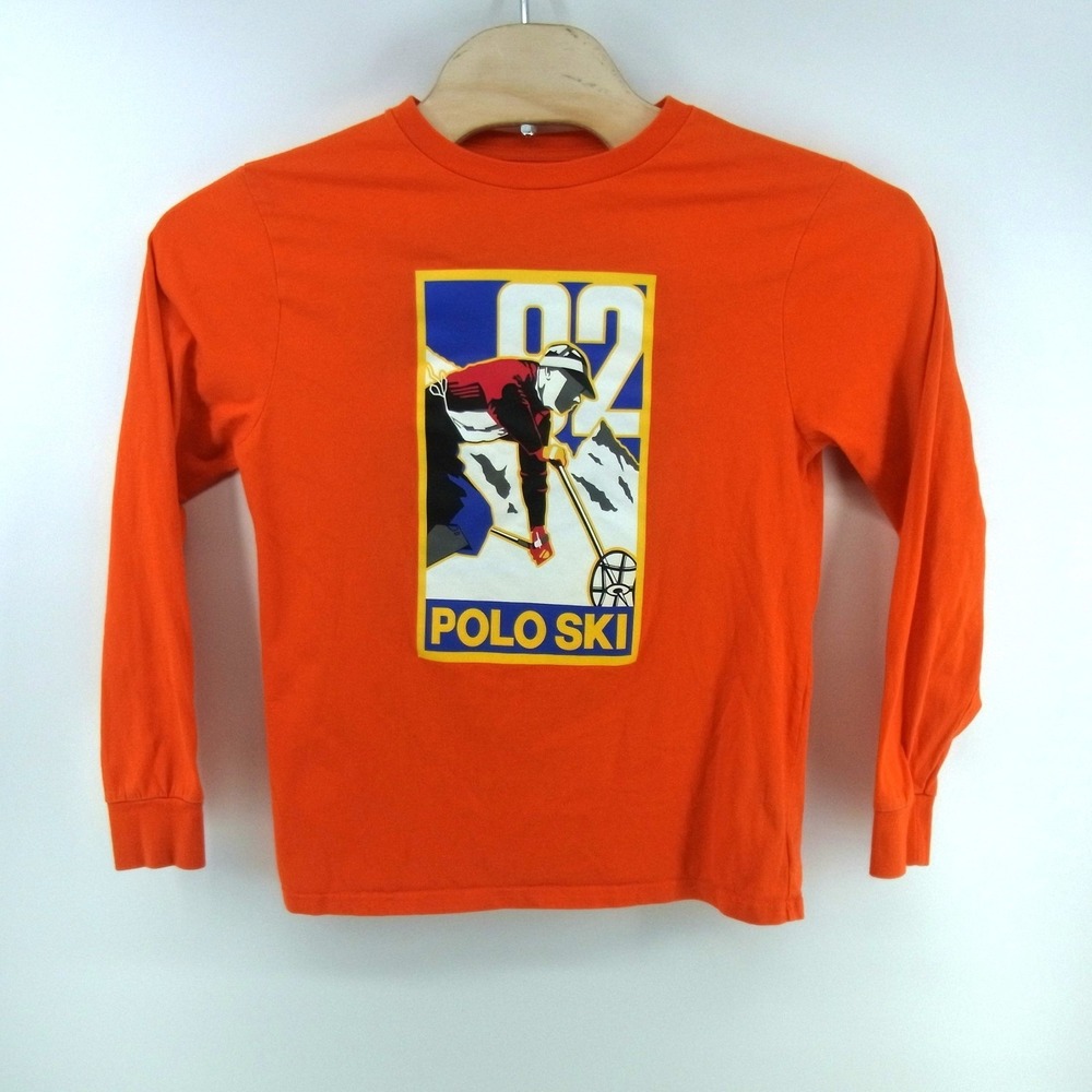 Polo‎ Ralph Lauren Long Sleeve T-Shirt Boys XS Orange Polo Ski Graphic